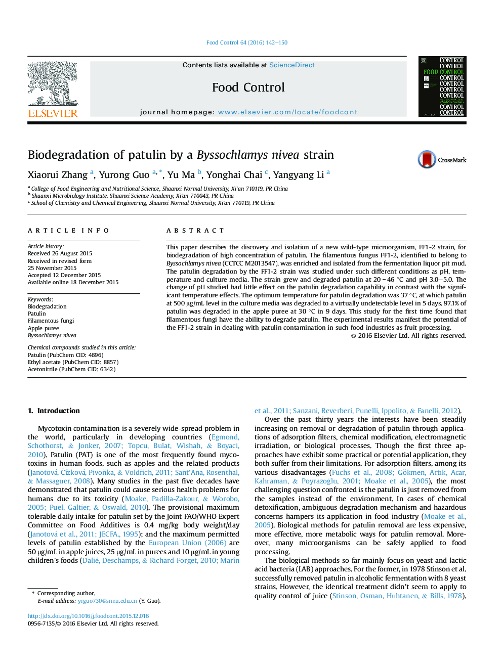 Biodegradation of patulin by a Byssochlamys nivea strain