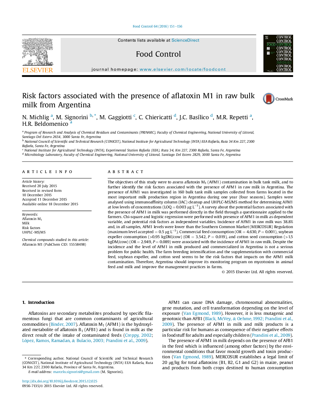 Risk factors associated with the presence of aflatoxin M1 in raw bulk milk from Argentina