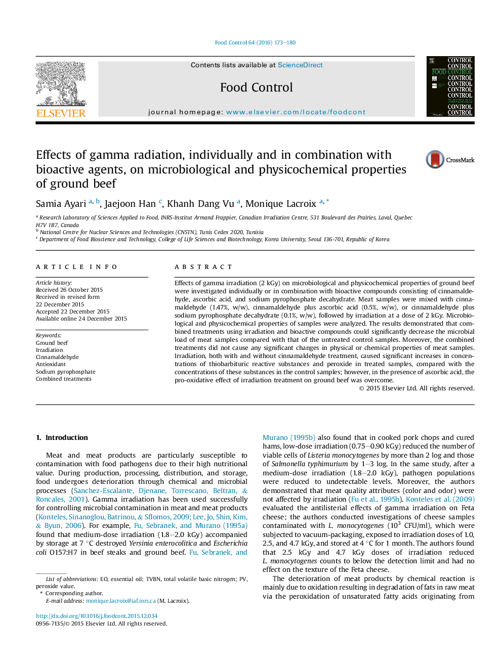 Effects of gamma radiation, individually and in combination with bioactive agents, on microbiological and physicochemical properties of ground beef