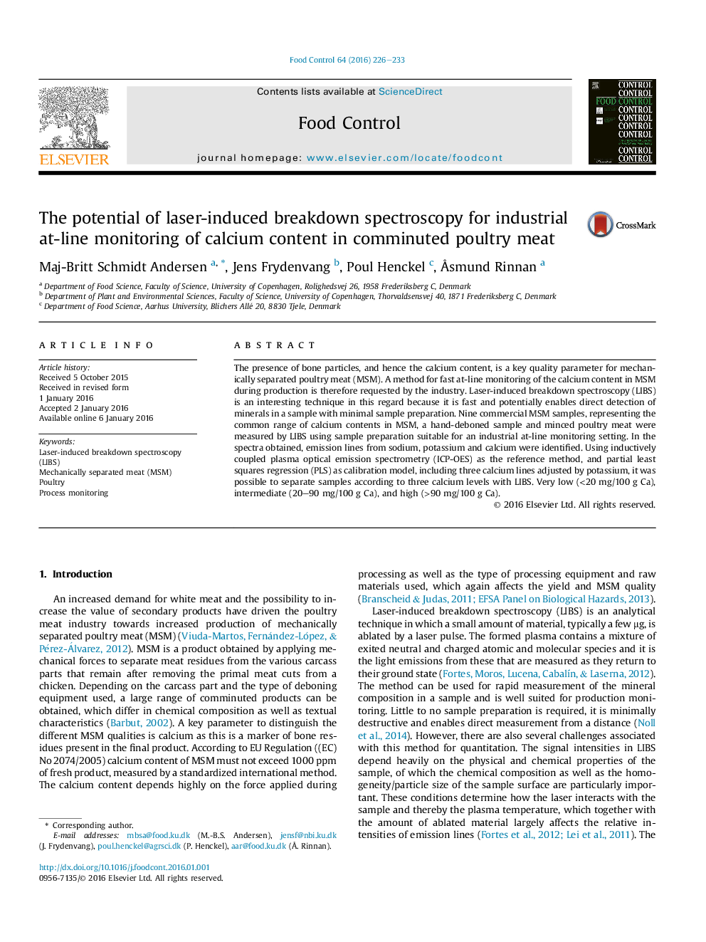 The potential of laser-induced breakdown spectroscopy for industrial at-line monitoring of calcium content in comminuted poultry meat