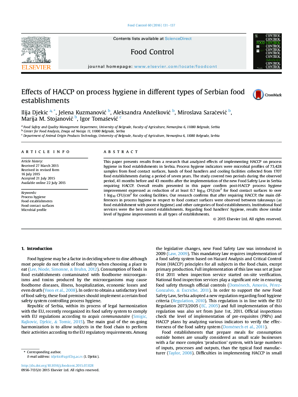 Effects of HACCP on process hygiene in different types of Serbian food establishments