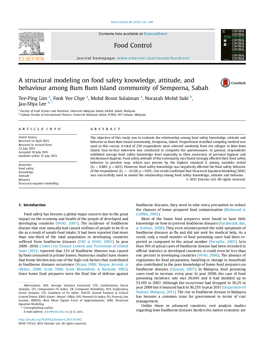 عکس صفحه اول مقاله: A structural modeling on food safety knowledge, attitude, and behaviour among Bum Bum Island community of Semporna, Sabah A structural modeling on food safety knowledge, attitude, and behaviour among Bum Bum Island community of Semporna, Sabah