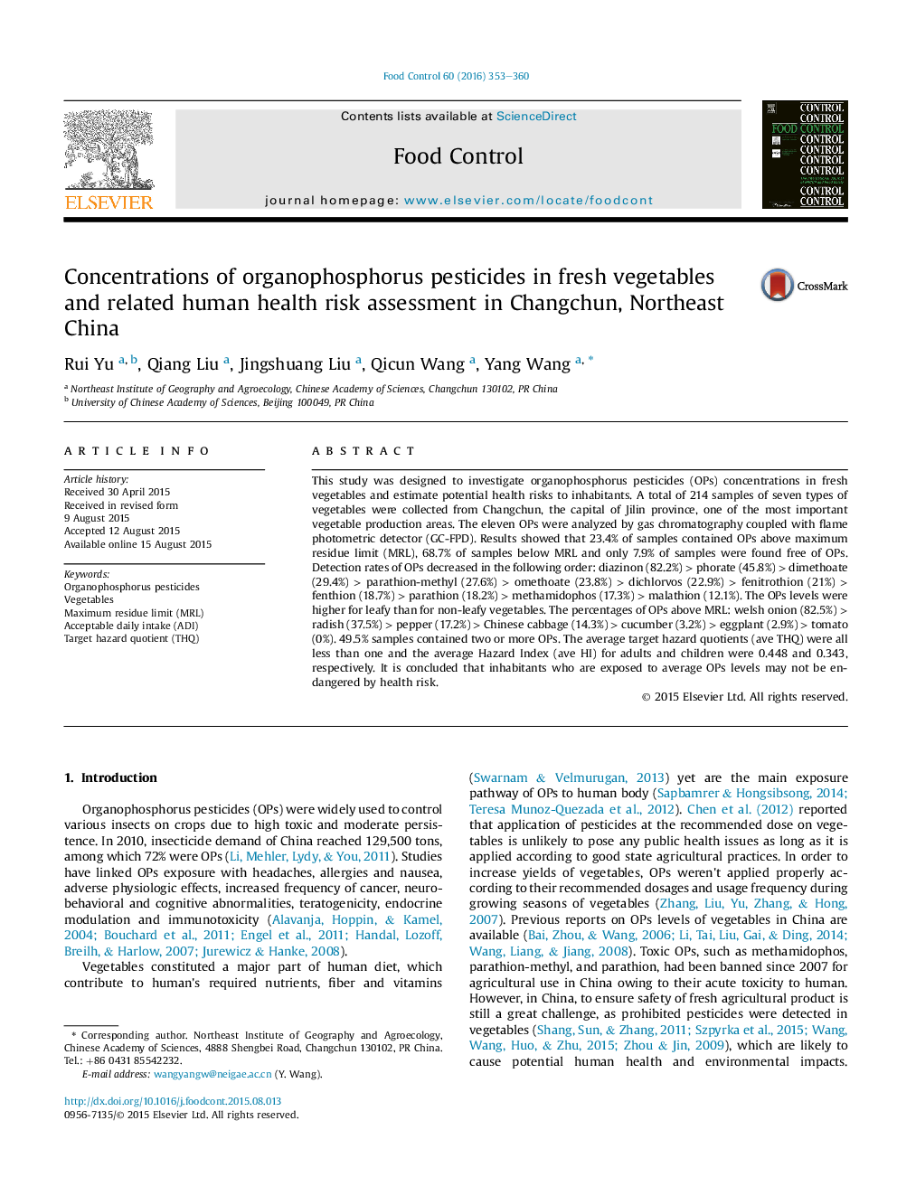 Concentrations of organophosphorus pesticides in fresh vegetables and related human health risk assessment in Changchun, Northeast China