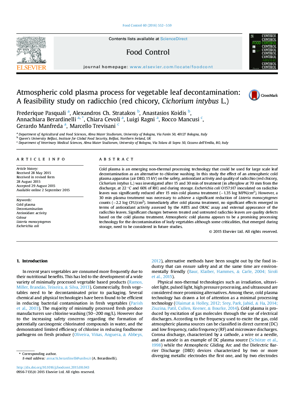 Atmospheric cold plasma process for vegetable leaf decontamination: A feasibility study on radicchio (red chicory, Cichorium intybus L.)