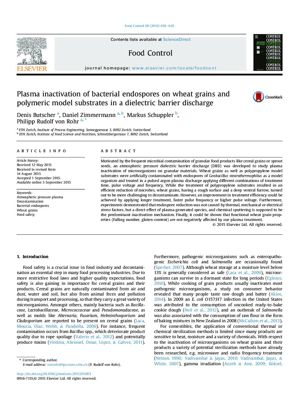 Plasma inactivation of bacterial endospores on wheat grains and polymeric model substrates in a dielectric barrier discharge