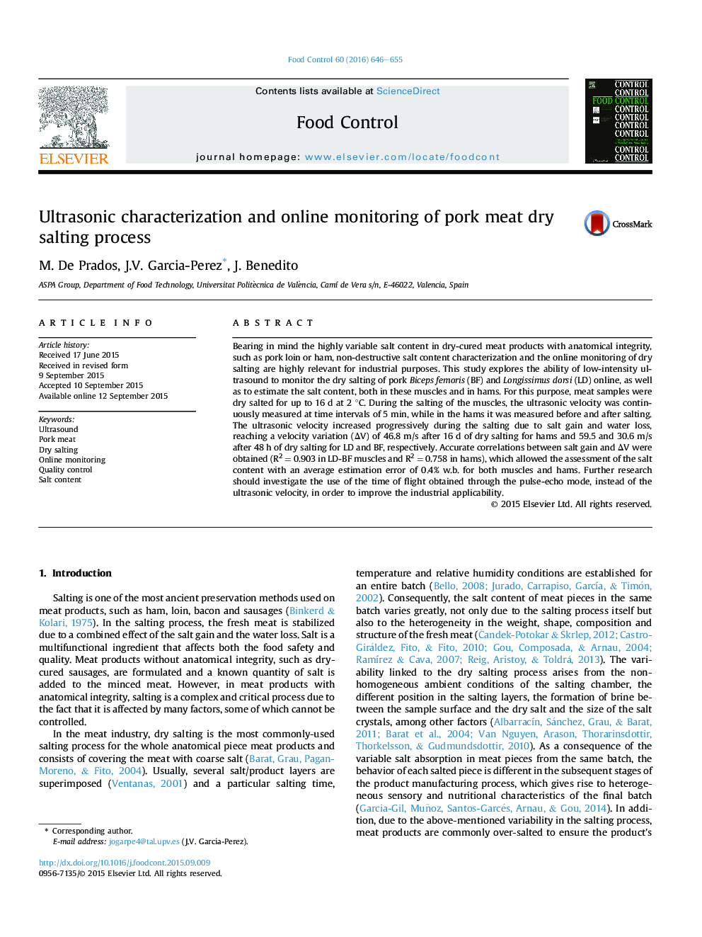Ultrasonic characterization and online monitoring of pork meat dry salting process