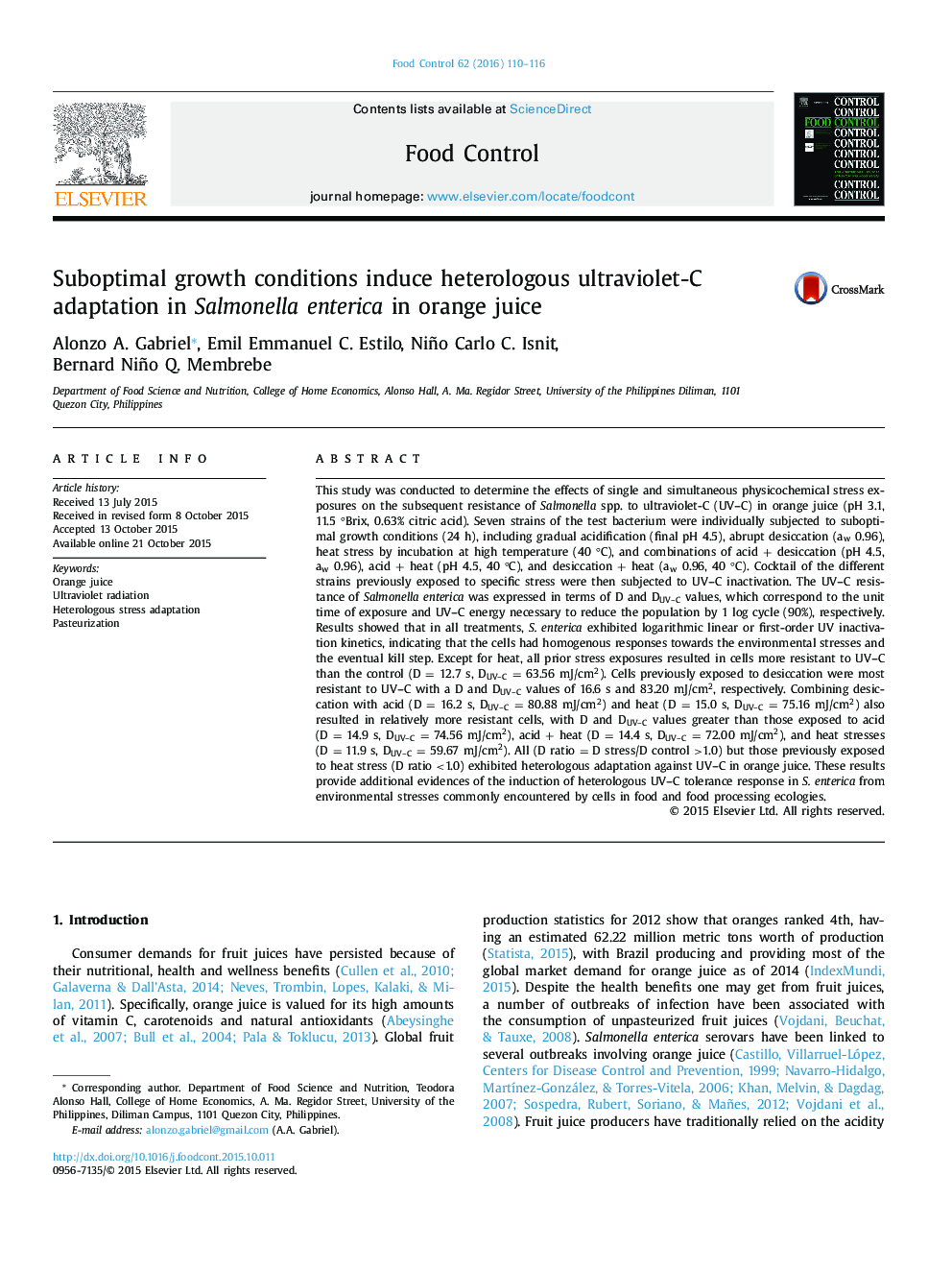 Suboptimal growth conditions induce heterologous ultraviolet-C adaptation in Salmonella enterica in orange juice