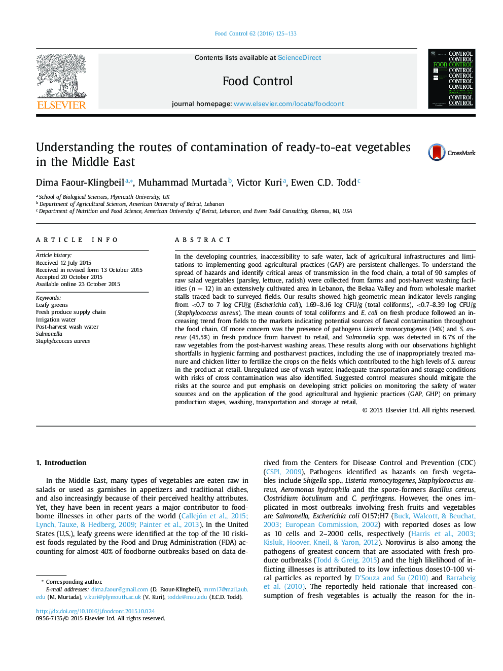 Understanding the routes of contamination of ready-to-eat vegetables in the Middle East