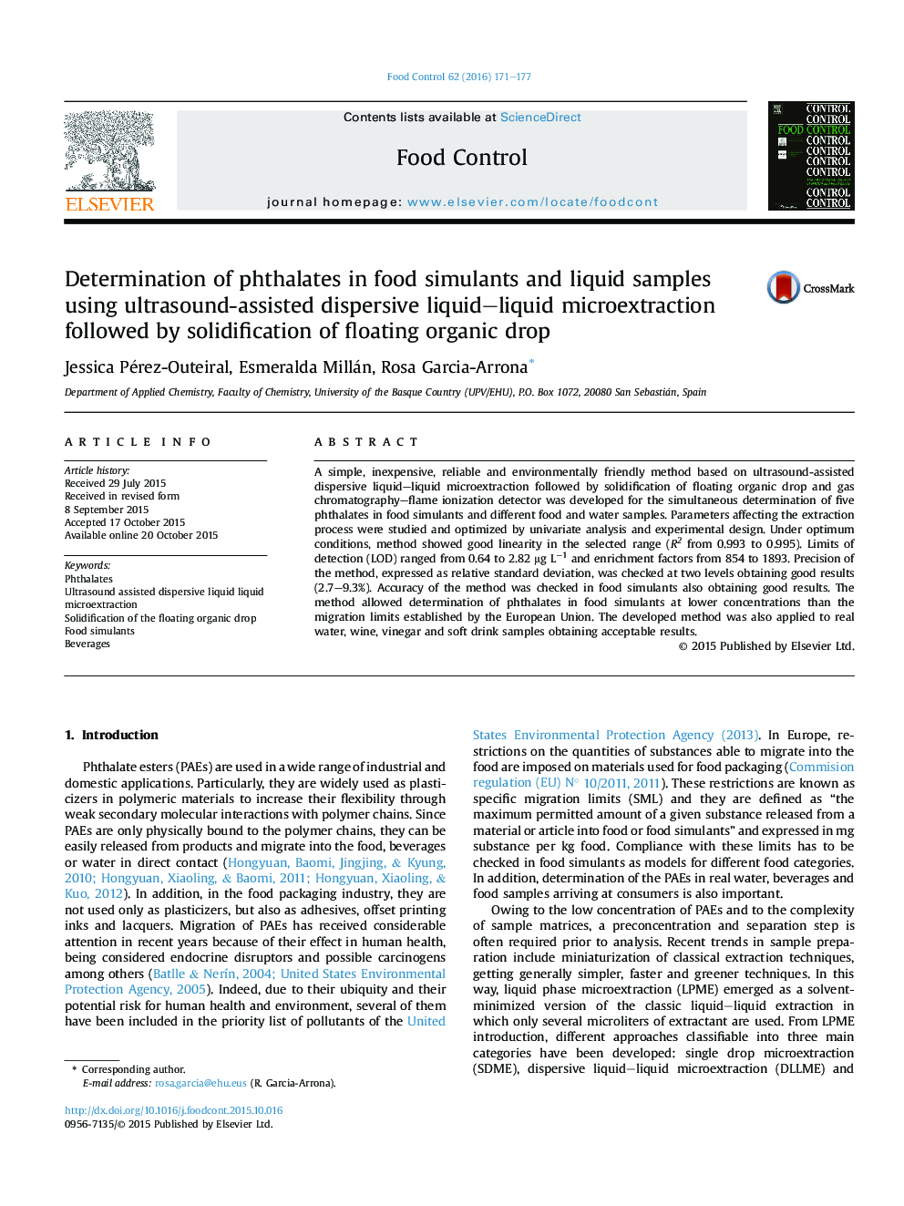 Determination of phthalates in food simulants and liquid samples using ultrasound-assisted dispersive liquid-liquid microextraction followed by solidification of floating organic drop