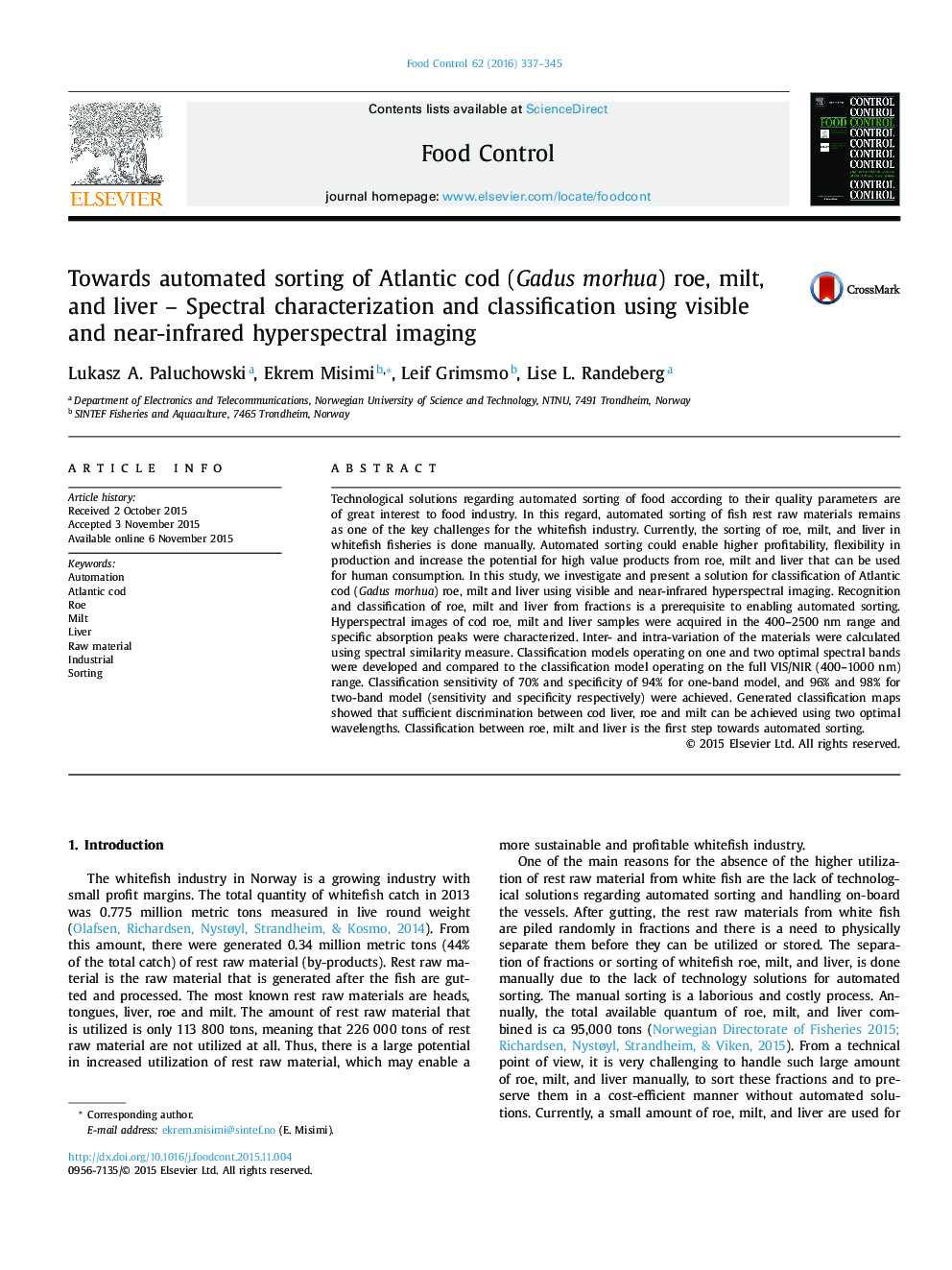 Towards automated sorting of Atlantic cod (Gadus morhua) roe, milt, and liver - Spectral characterization and classification using visible and near-infrared hyperspectral imaging