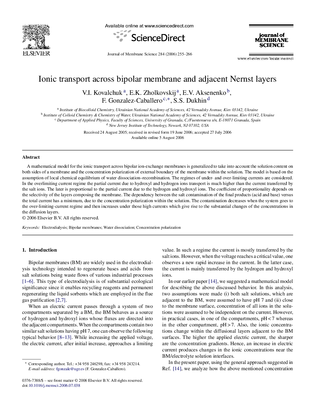 Ionic transport across bipolar membrane and adjacent Nernst layers