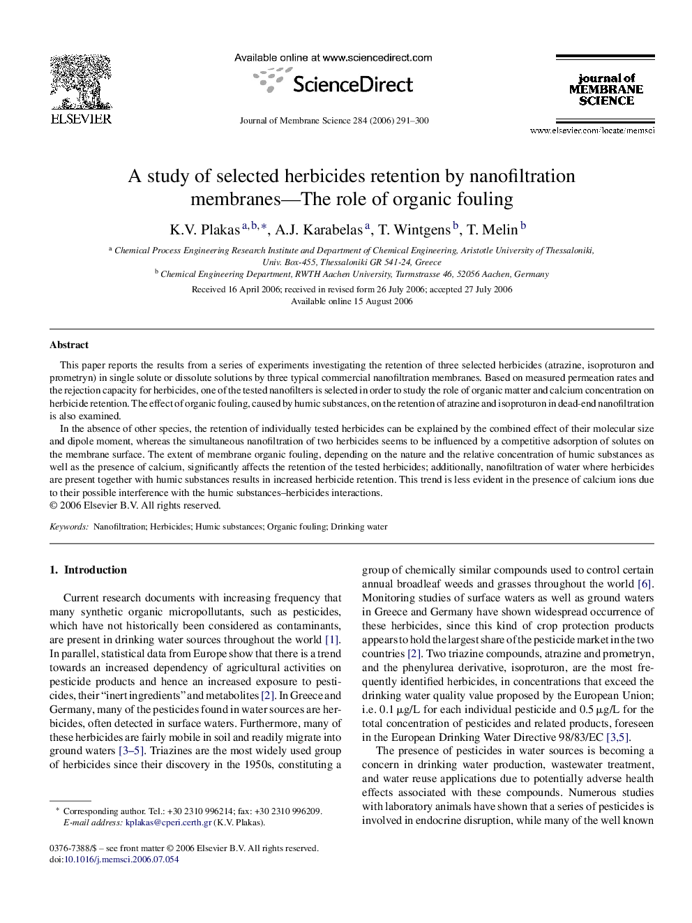 A study of selected herbicides retention by nanofiltration membranes—The role of organic fouling