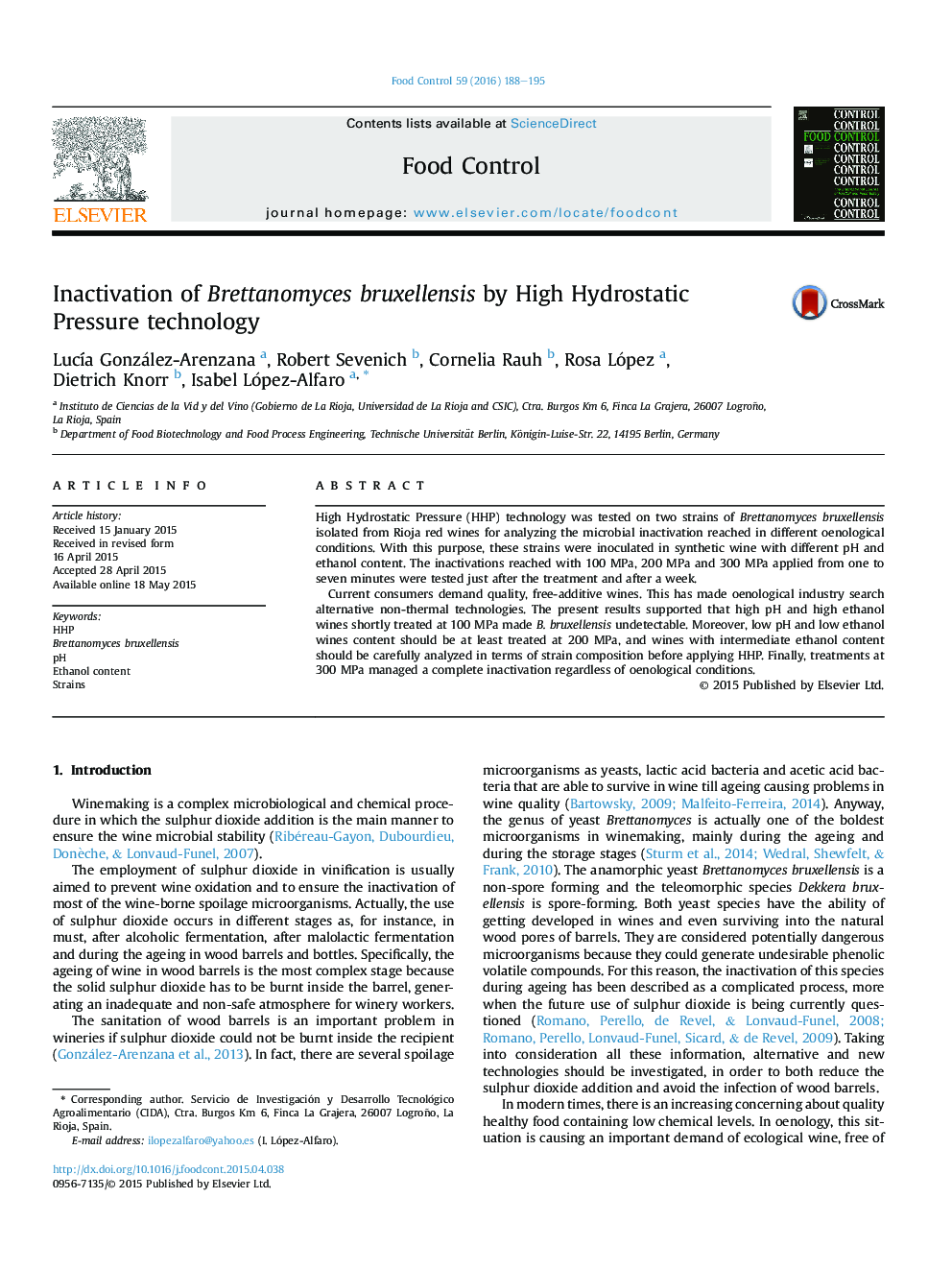 Inactivation of Brettanomyces bruxellensis by High Hydrostatic Pressure technology