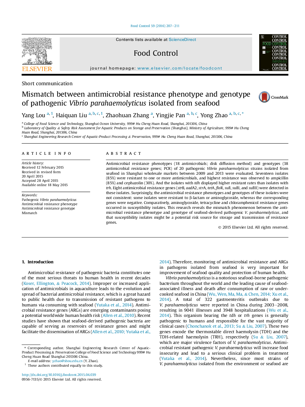 Short communicationMismatch between antimicrobial resistance phenotype and genotype of pathogenic Vibrio parahaemolyticus isolated from seafood