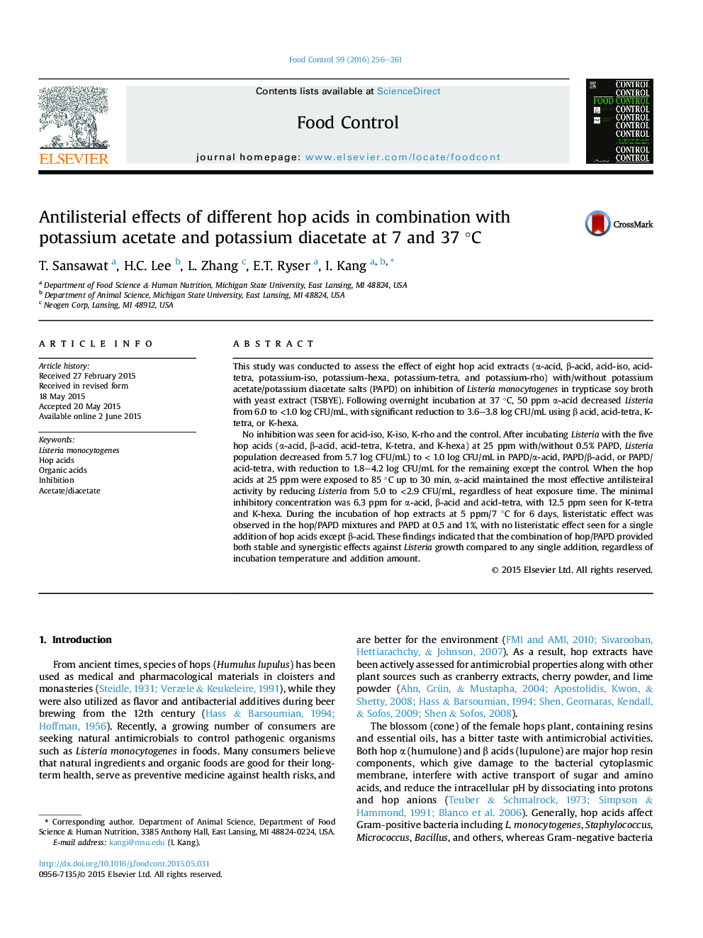 Antilisterial effects of different hop acids in combination with potassium acetate and potassium diacetate at 7 and 37Â Â°C