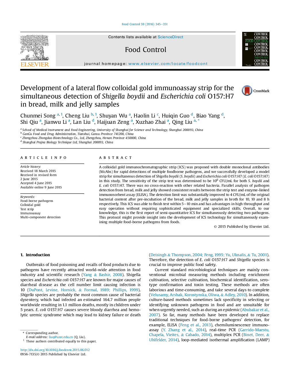 Development of a lateral flow colloidal gold immunoassay strip for the simultaneous detection of Shigella boydii and Escherichia coli O157:H7 in bread, milk and jelly samples