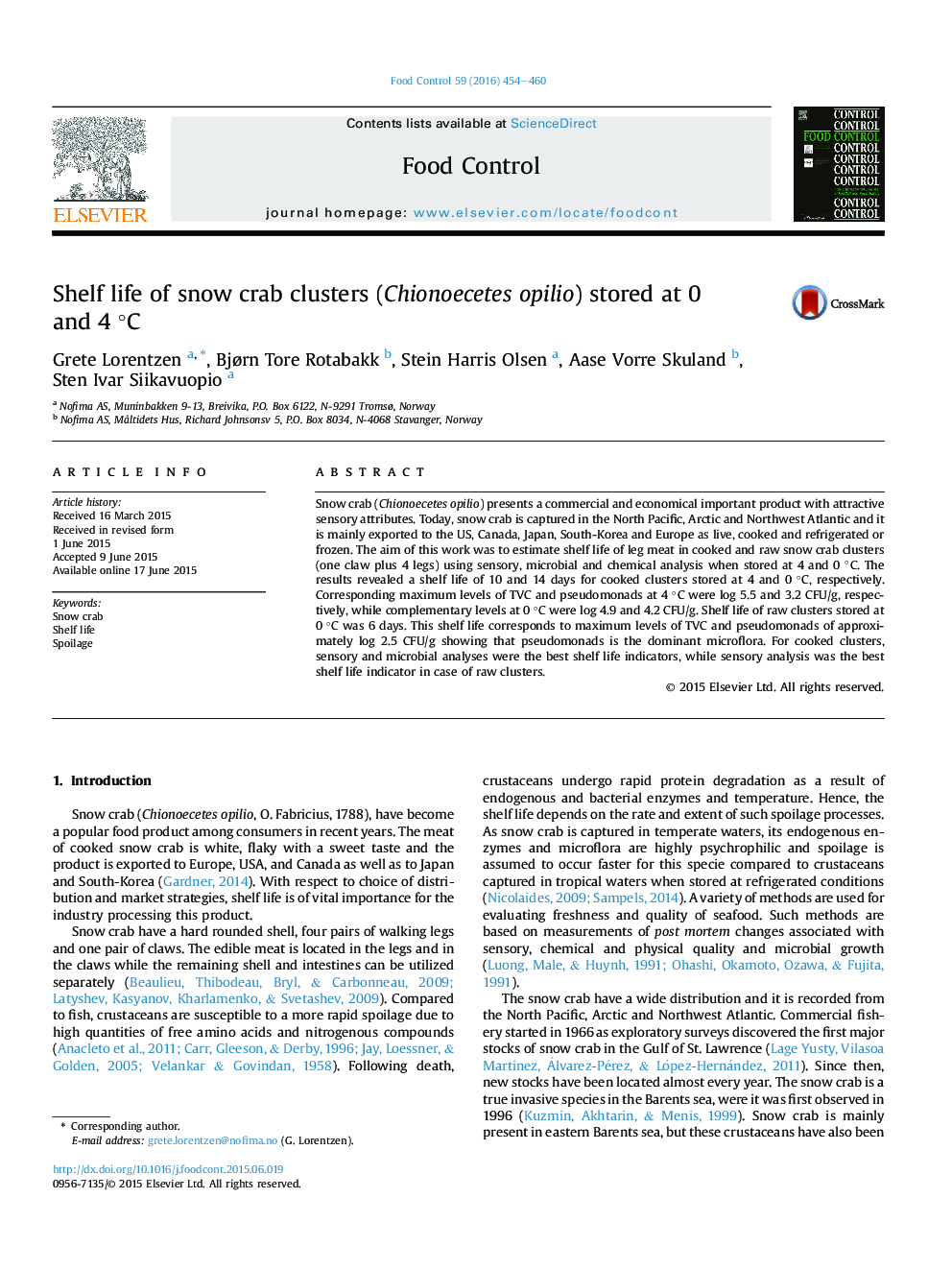 عکس صفحه اول مقاله: Shelf life of snow crab clusters (Chionoecetes opilio) stored at 0 and 4 °C Shelf life of snow crab clusters (Chionoecetes opilio) stored at 0 and 4 °C