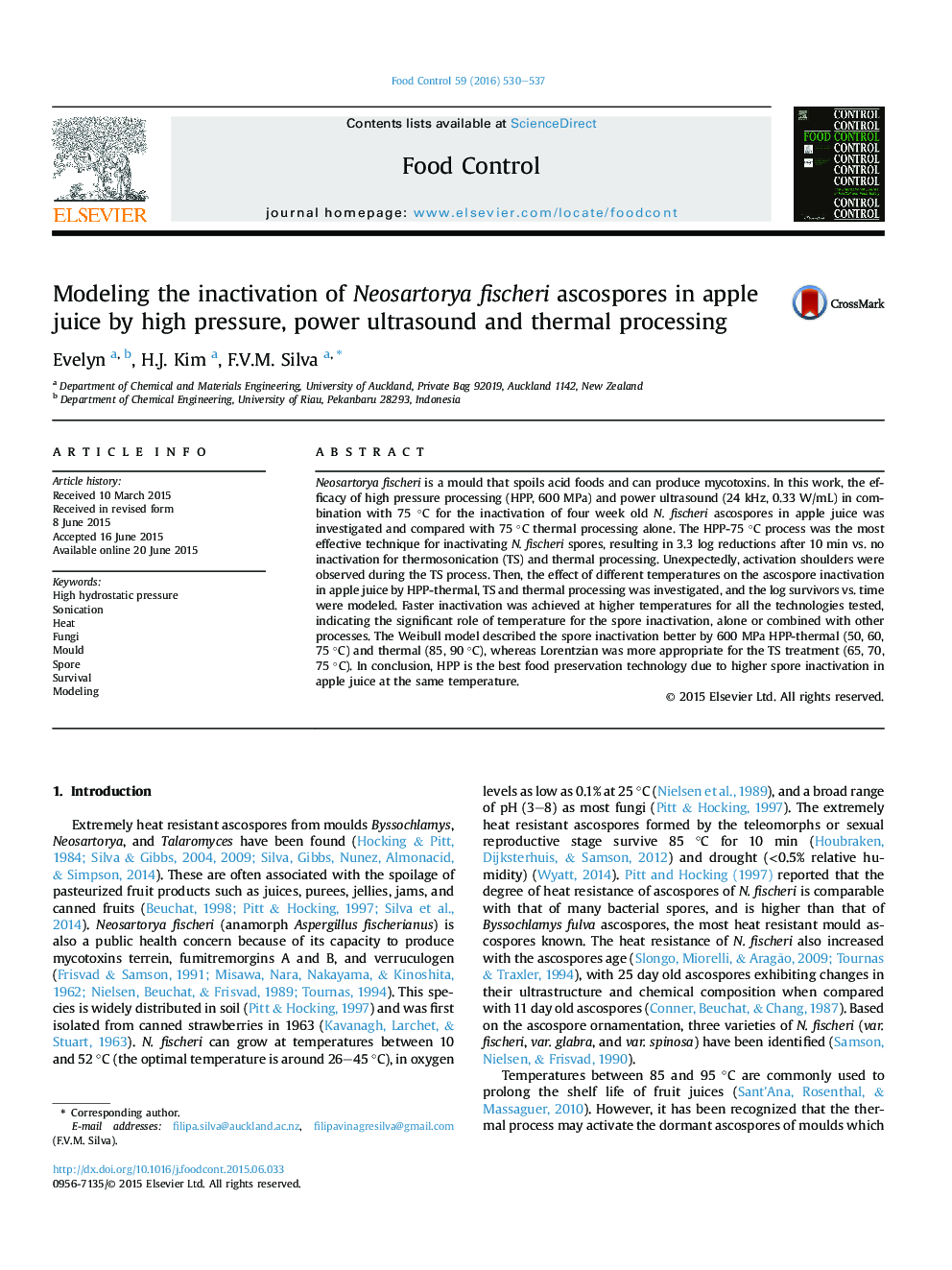 Modeling the inactivation of Neosartorya fischeri ascospores in apple juice by high pressure, power ultrasound and thermal processing