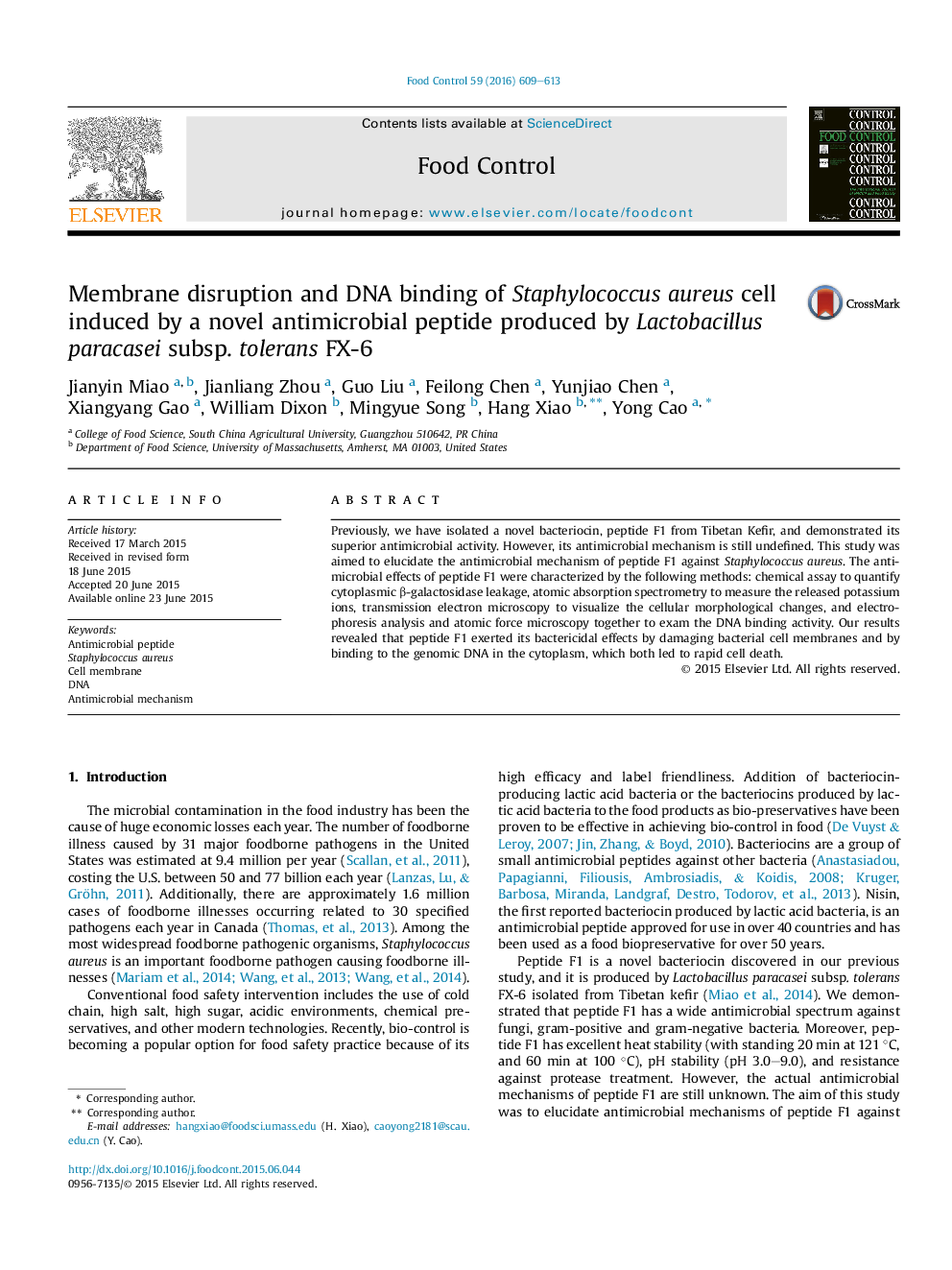 Membrane disruption and DNA binding of Staphylococcus aureus cell induced by a novel antimicrobial peptide produced by Lactobacillus paracasei subsp. tolerans FX-6