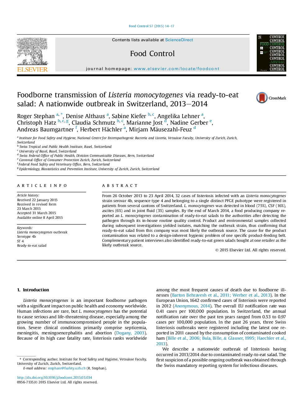 Foodborne transmission of Listeria monocytogenes via ready-to-eat salad: A nationwide outbreak in Switzerland, 2013-2014