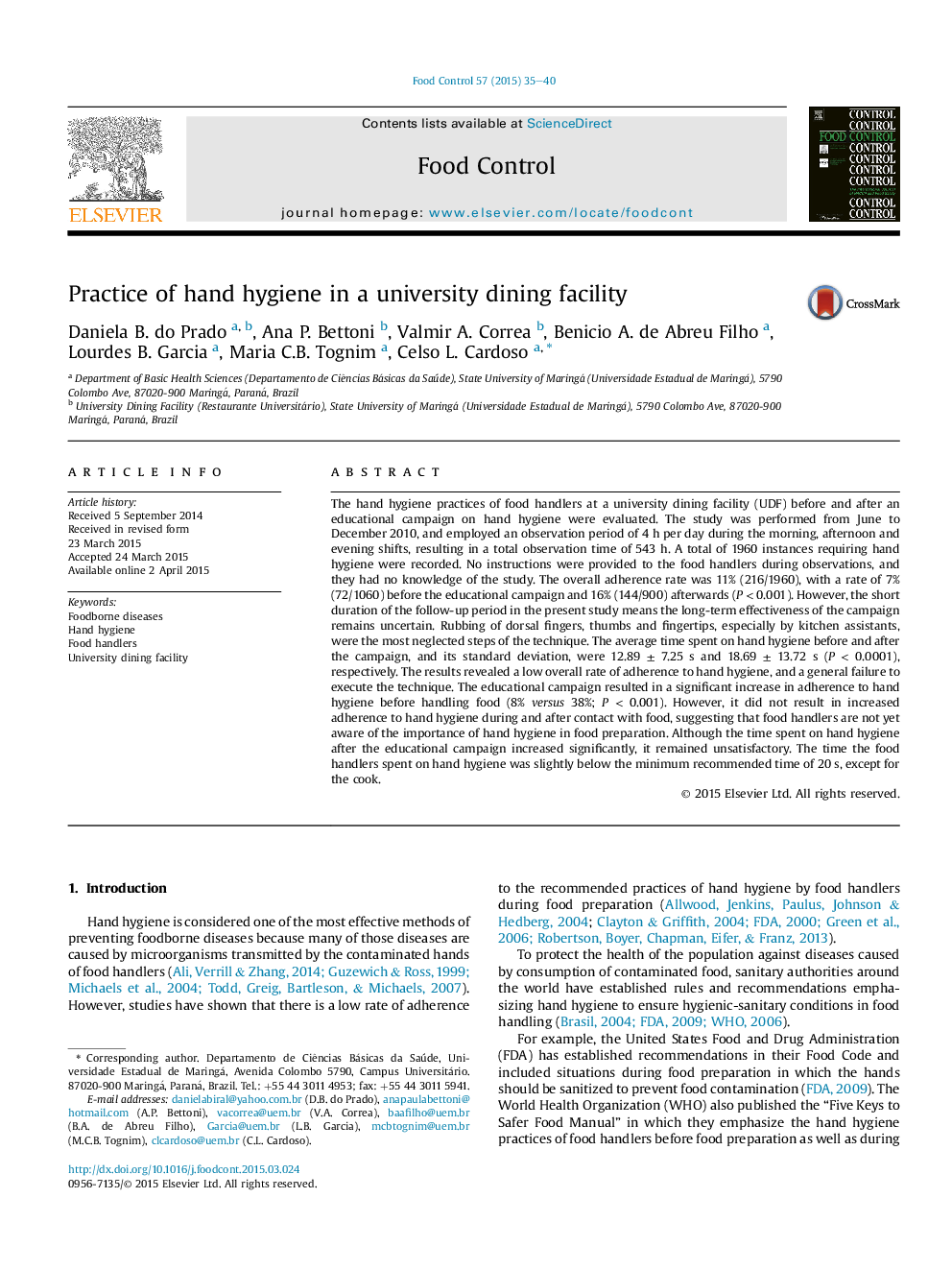 Practice of hand hygiene in a university dining facility