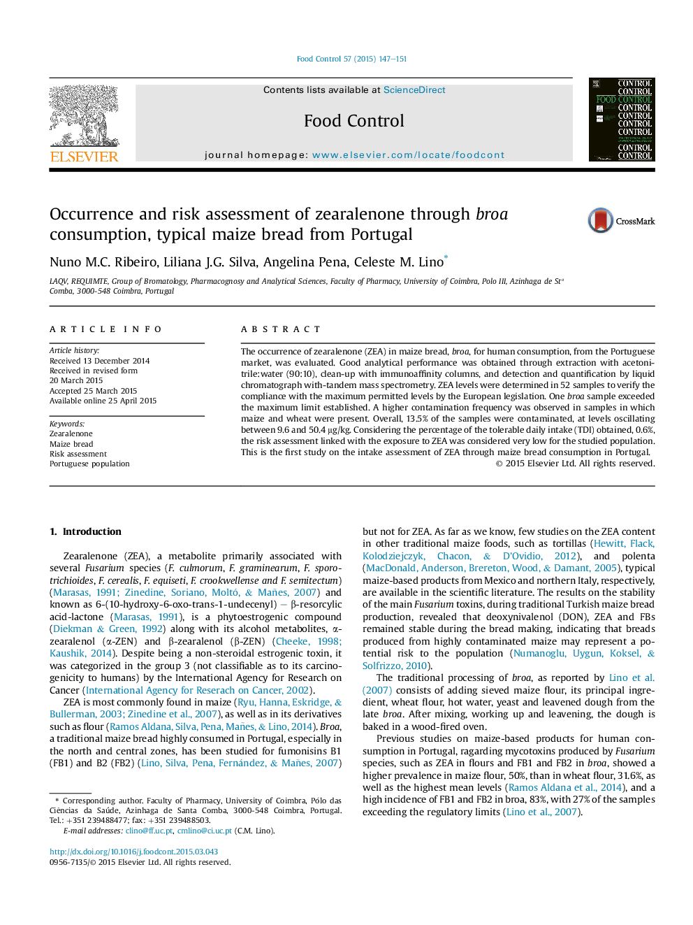 Occurrence and risk assessment of zearalenone through broa consumption, typical maize bread from Portugal