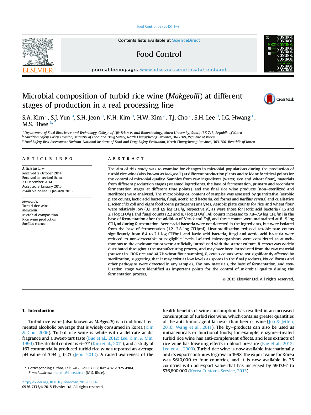 Microbial composition of turbid rice wine (Makgeolli) at different stages of production in a real processing line