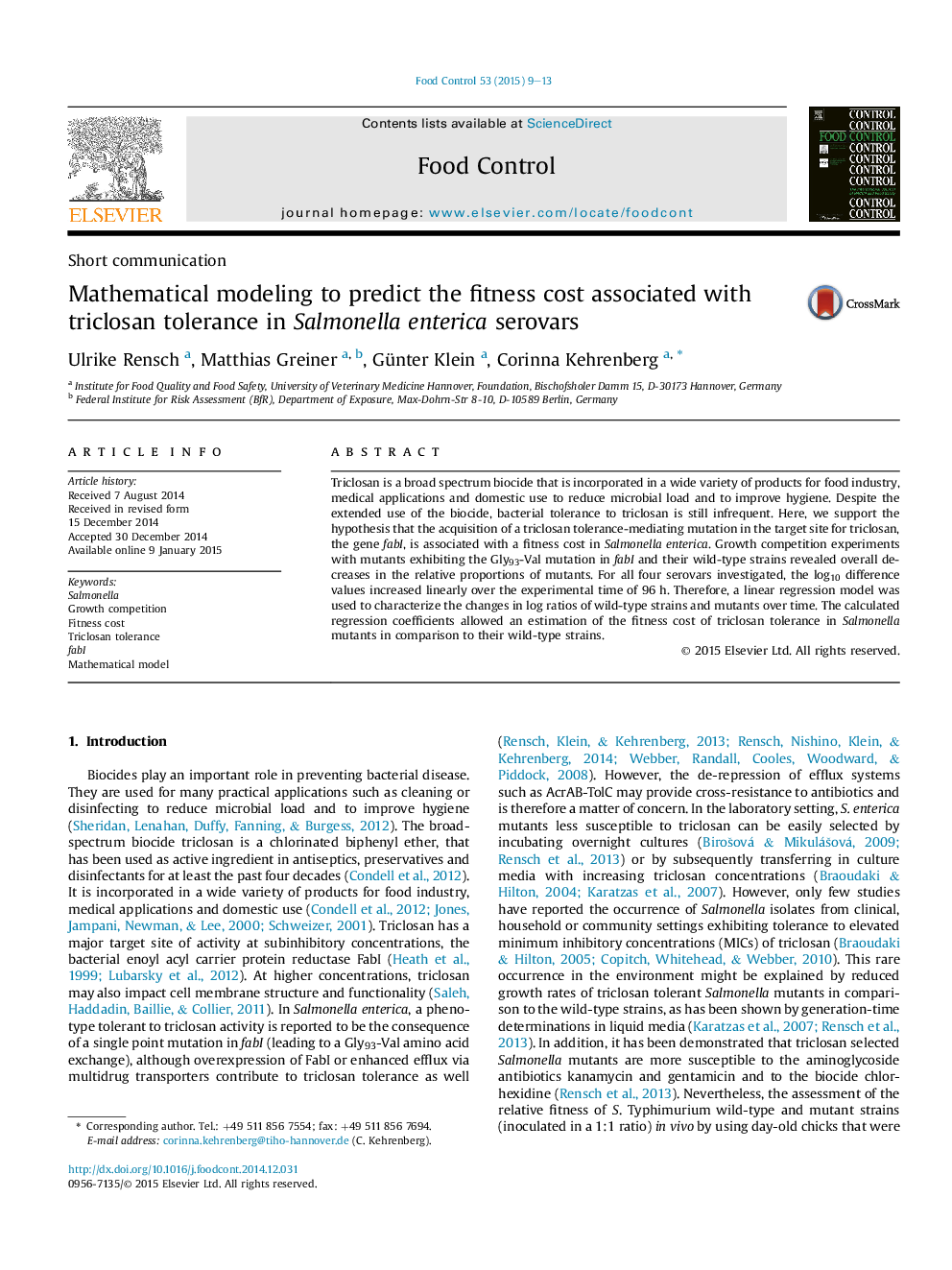 Mathematical modeling to predict the fitness cost associated with triclosan tolerance in Salmonella enterica serovars