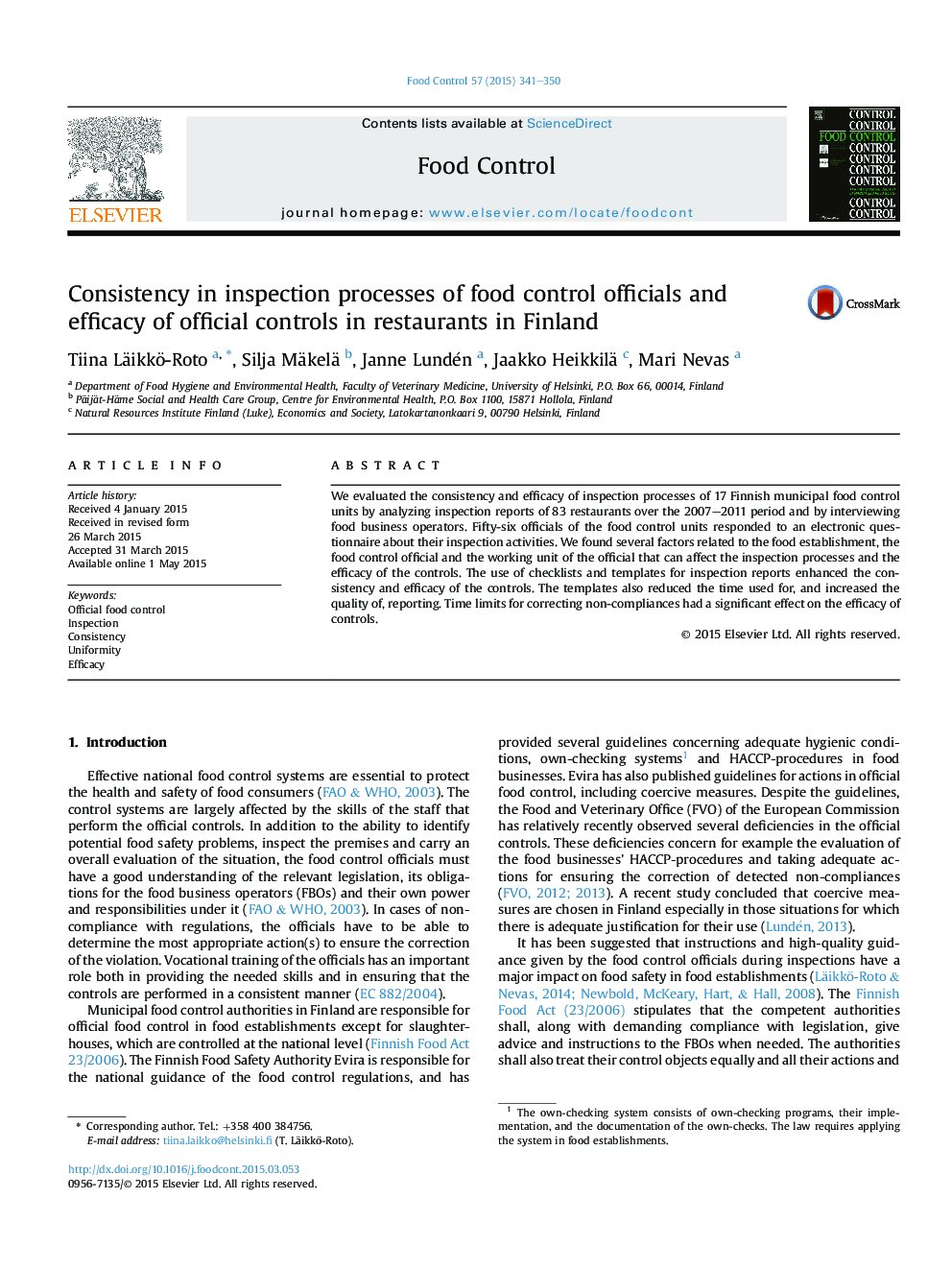 Consistency in inspection processes of food control officials and efficacy of official controls in restaurants in Finland