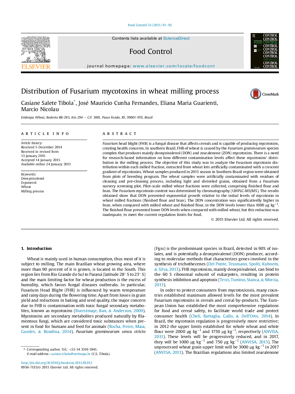 Distribution of Fusarium mycotoxins in wheat milling process