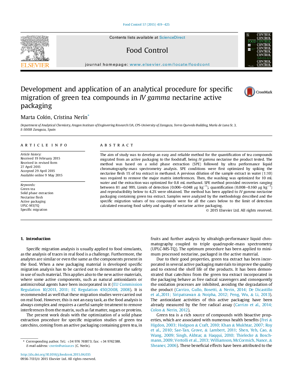 Development and application of an analytical procedure for specific migration of green tea compounds in IV gamma nectarine active packaging