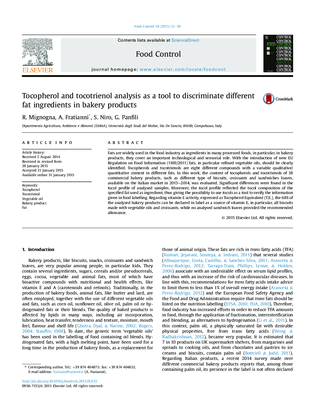 Tocopherol and tocotrienol analysis as a tool to discriminate different fat ingredients in bakery products