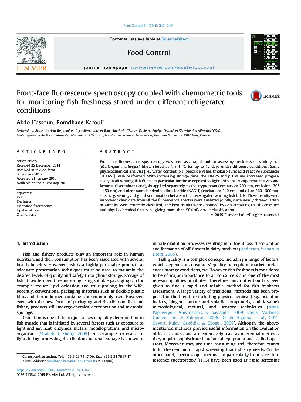 Front-face fluorescence spectroscopy coupled with chemometric tools for monitoring fish freshness stored under different refrigerated conditions