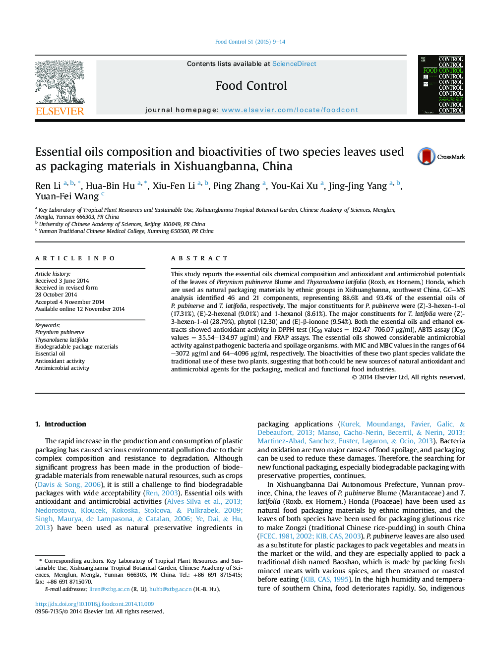عکس صفحه اول مقاله: Essential oils composition and bioactivities of two species leaves used as packaging materials in Xishuangbanna, China Essential oils composition and bioactivities of two species leaves used as packaging materials in Xishuangbanna, China