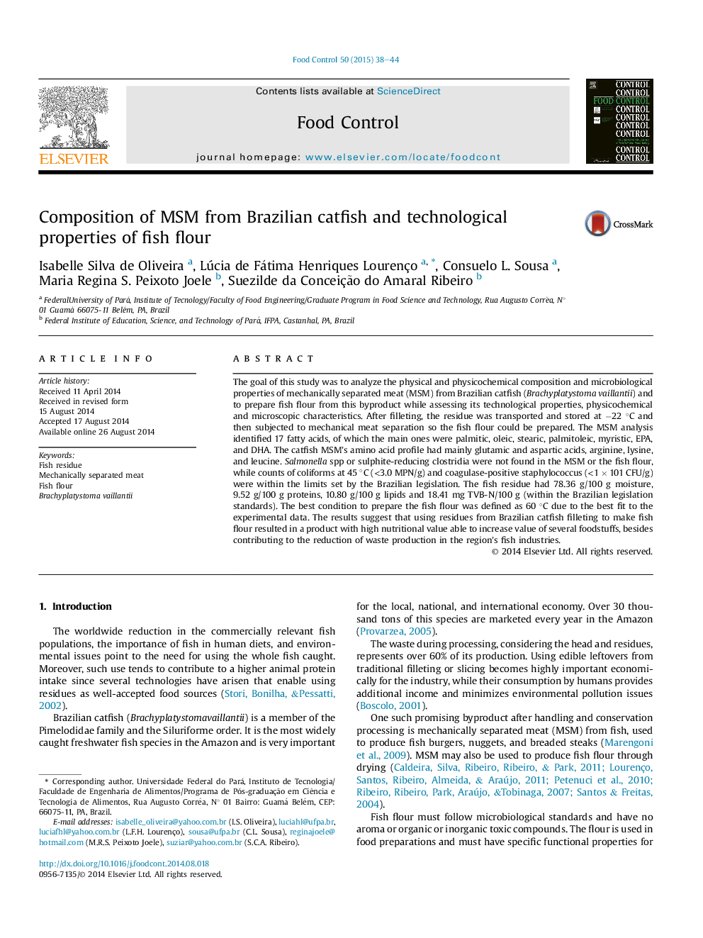 عکس صفحه اول مقاله: Composition of MSM from Brazilian catfish and technological properties of fish flour Composition of MSM from Brazilian catfish and technological properties of fish flour