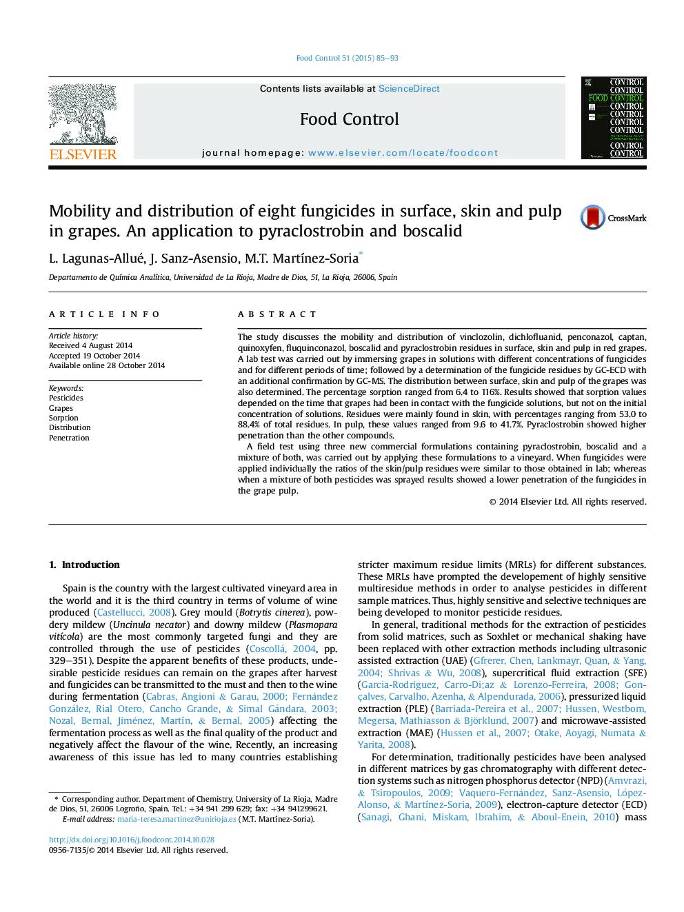 Mobility and distribution of eight fungicides in surface, skin and pulp in grapes. An application to pyraclostrobin and boscalid