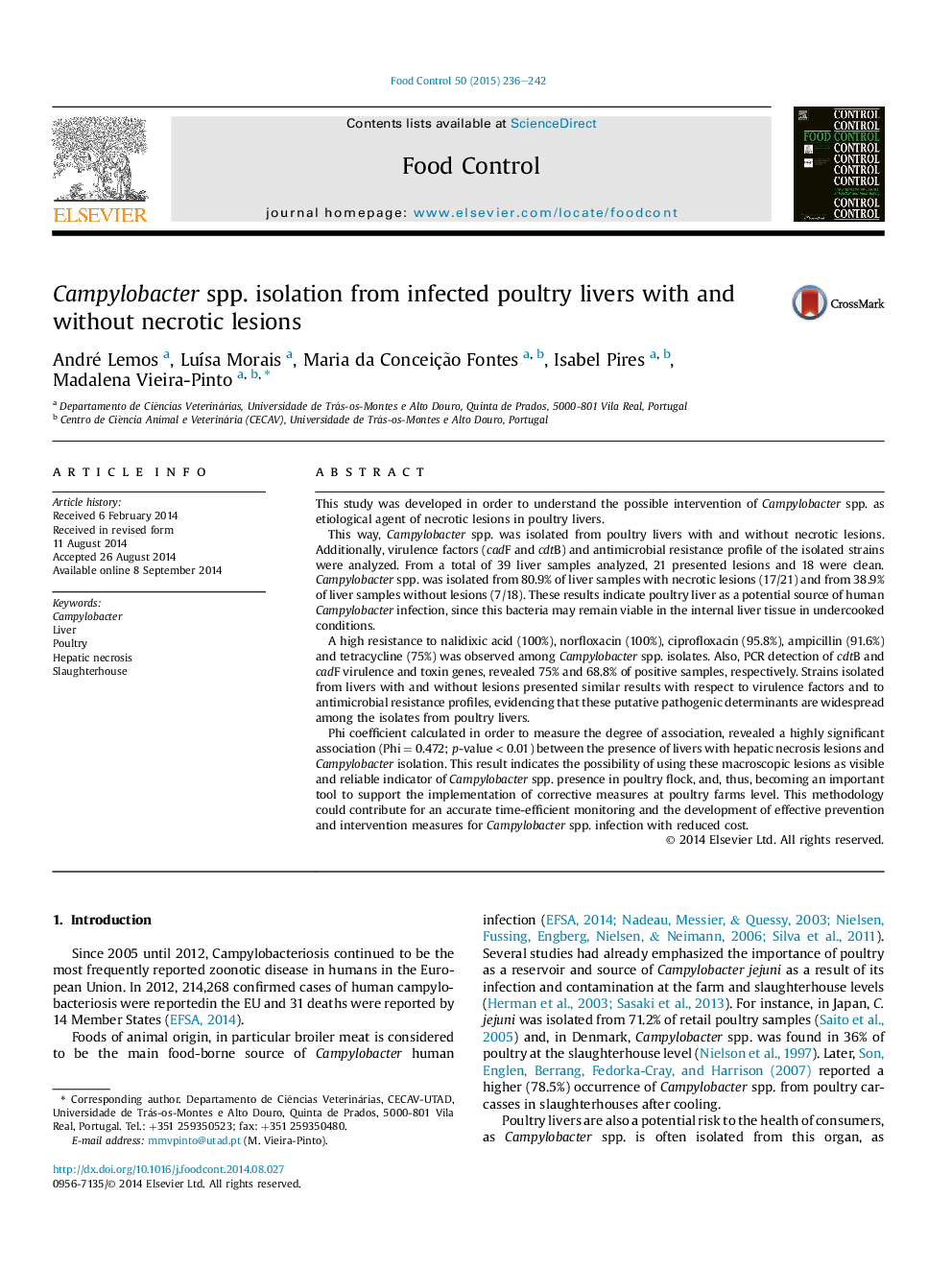 Campylobacter spp. isolation from infected poultry livers with and without necrotic lesions