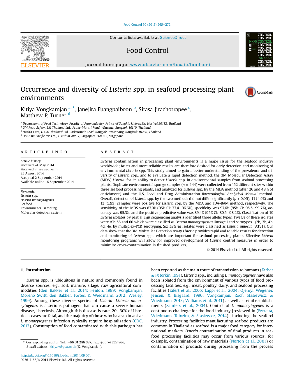 Occurrence and diversity of Listeria spp. in seafood processing plant environments