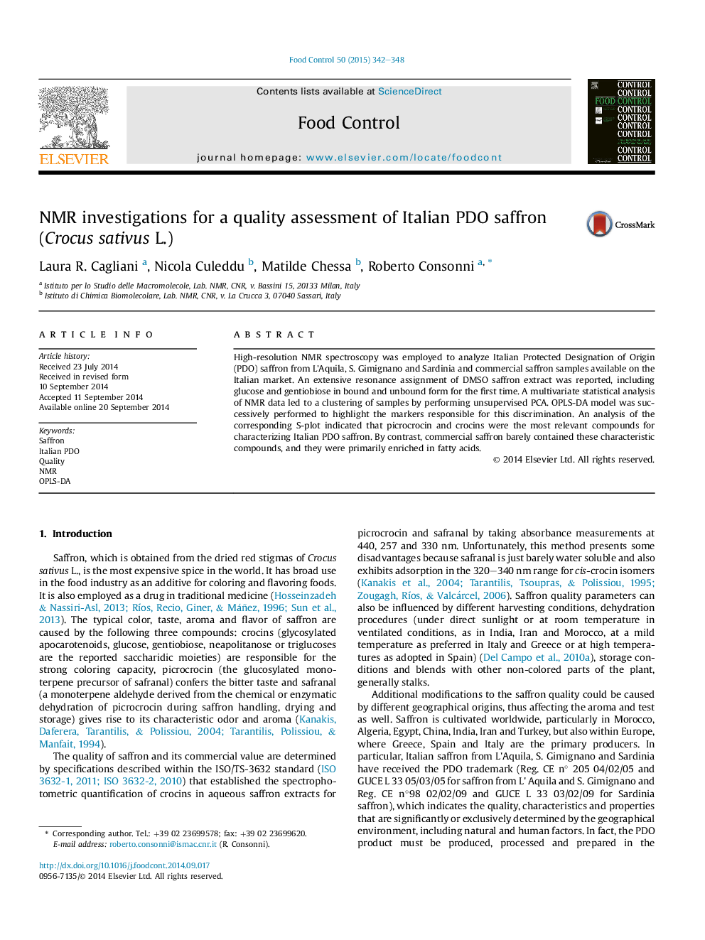 عکس صفحه اول مقاله: NMR investigations for a quality assessment of Italian PDO saffron (Crocus sativus L.) NMR investigations for a quality assessment of Italian PDO saffron (Crocus sativus L.)