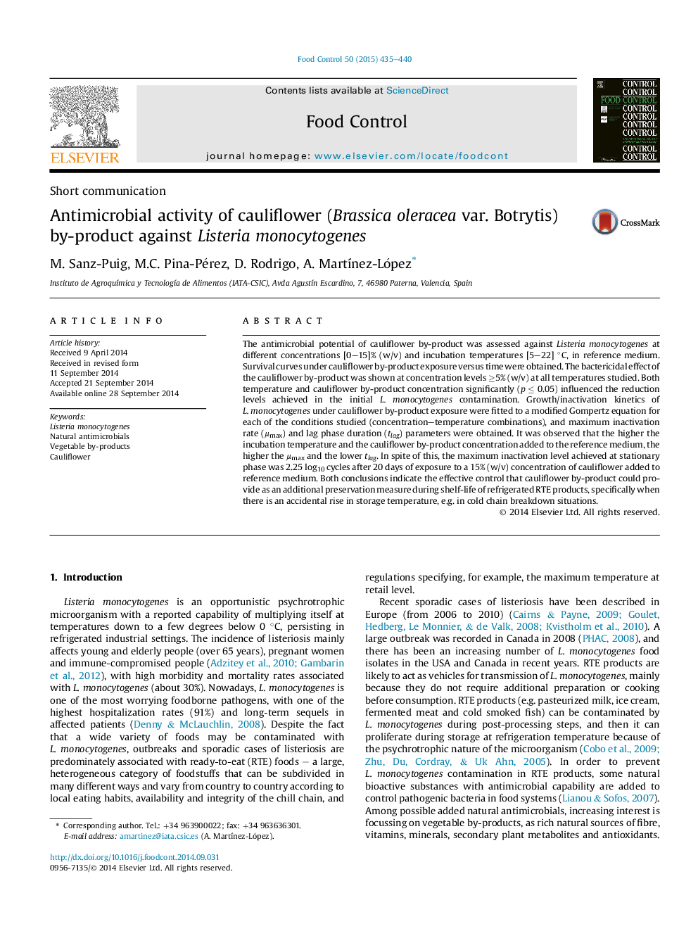 Short communicationAntimicrobial activity of cauliflower (Brassica oleracea var. Botrytis) by-product against Listeria monocytogenes