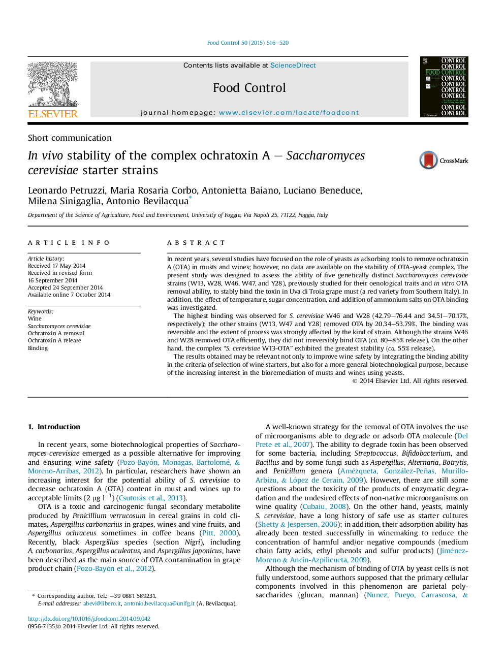 Short communicationInÂ vivo stability of the complex ochratoxin A - Saccharomyces cerevisiae starter strains