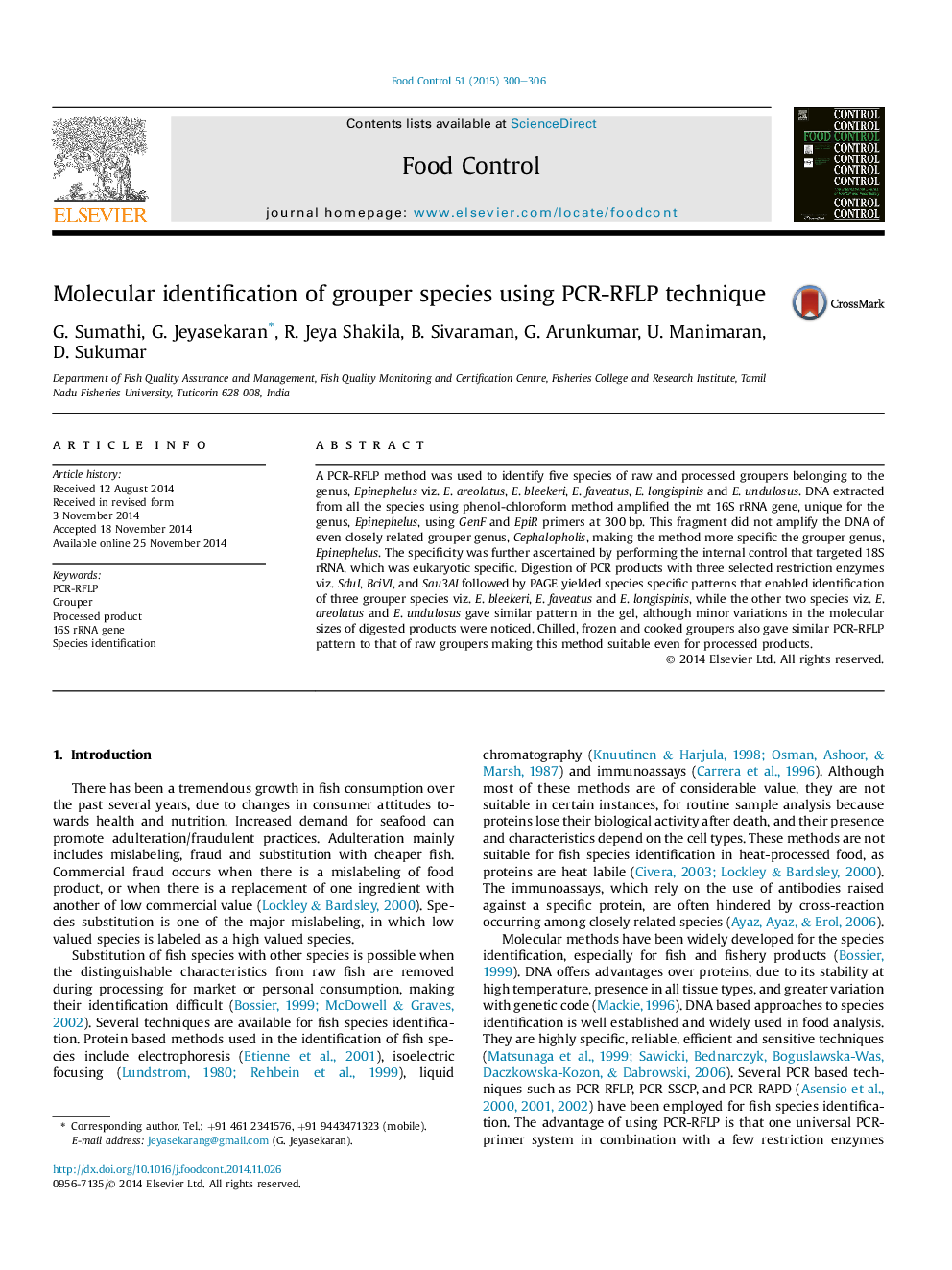 Molecular identification of grouper species using PCR-RFLP technique