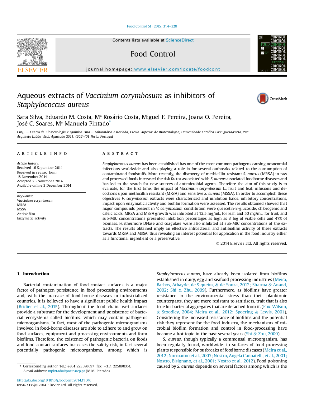 Aqueous extracts of Vaccinium corymbosum as inhibitors of Staphylococcus aureus