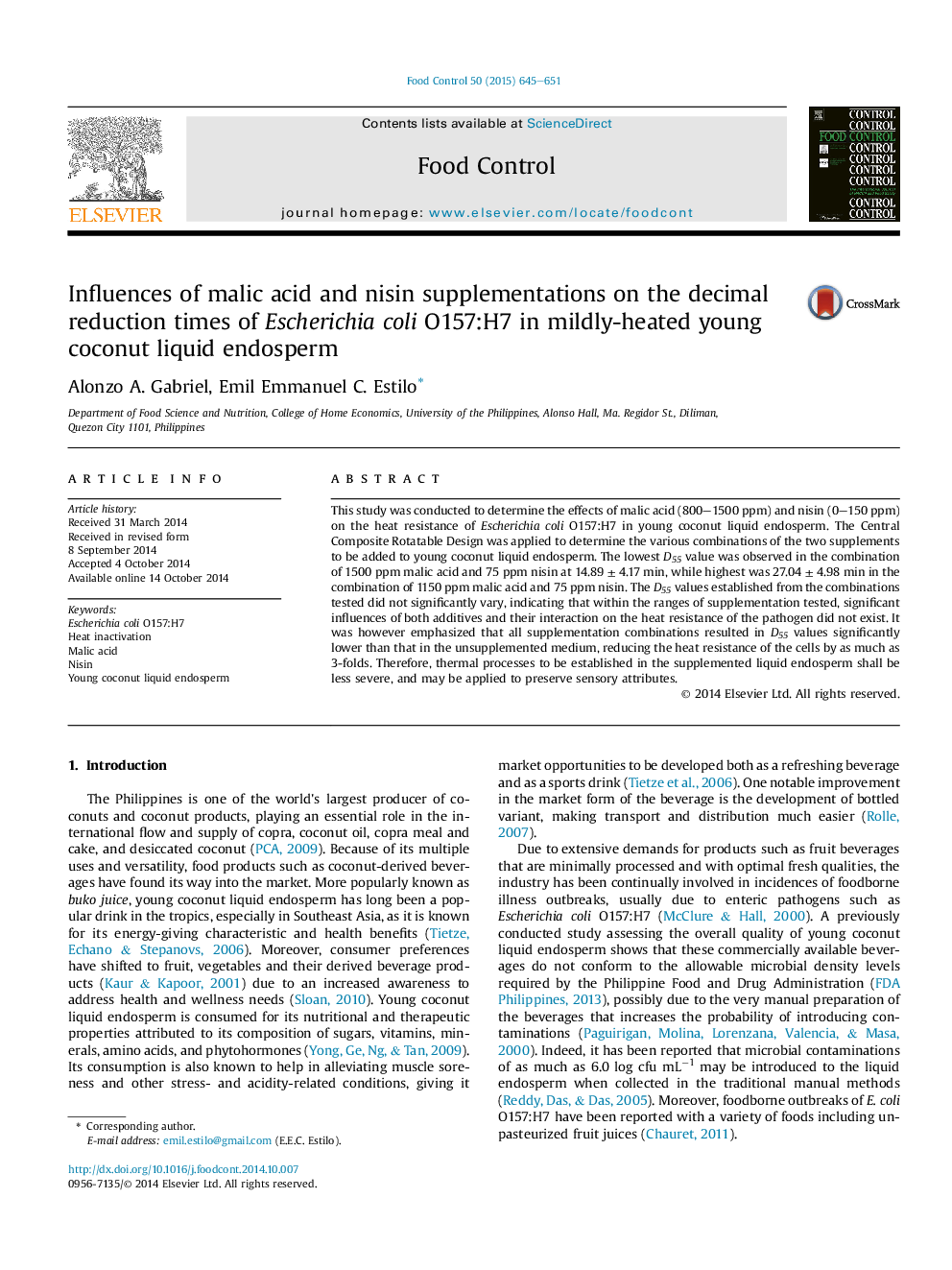 عکس صفحه اول مقاله: Influences of malic acid and nisin supplementations on the decimal reduction times of Escherichia coli O157:H7 in mildly-heated young coconut liquid endosperm Influences of malic acid and nisin supplementations on the decimal reduction times of Escherichia coli O157:H7 in mildly-heated young coconut liquid endosperm