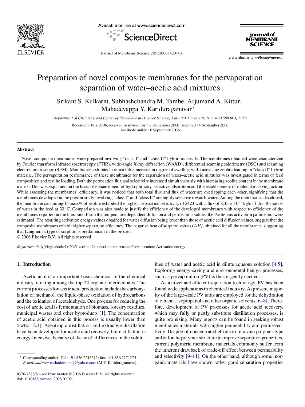 Preparation of novel composite membranes for the pervaporation separation of water–acetic acid mixtures