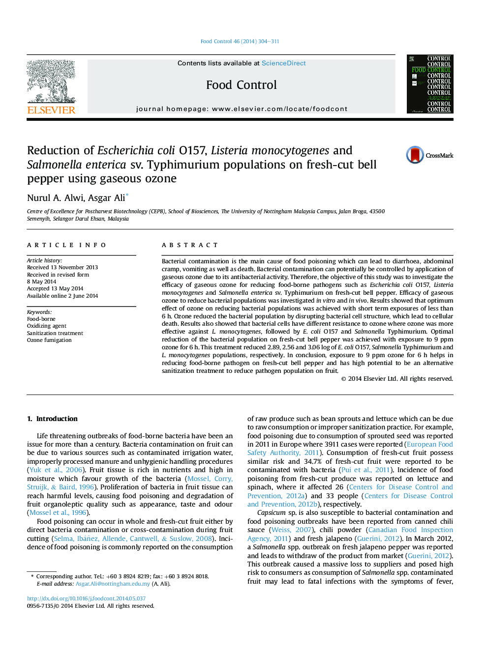 Reduction of Escherichia coli O157, Listeria monocytogenes and Salmonella enterica sv. Typhimurium populations on fresh-cut bell pepper using gaseous ozone