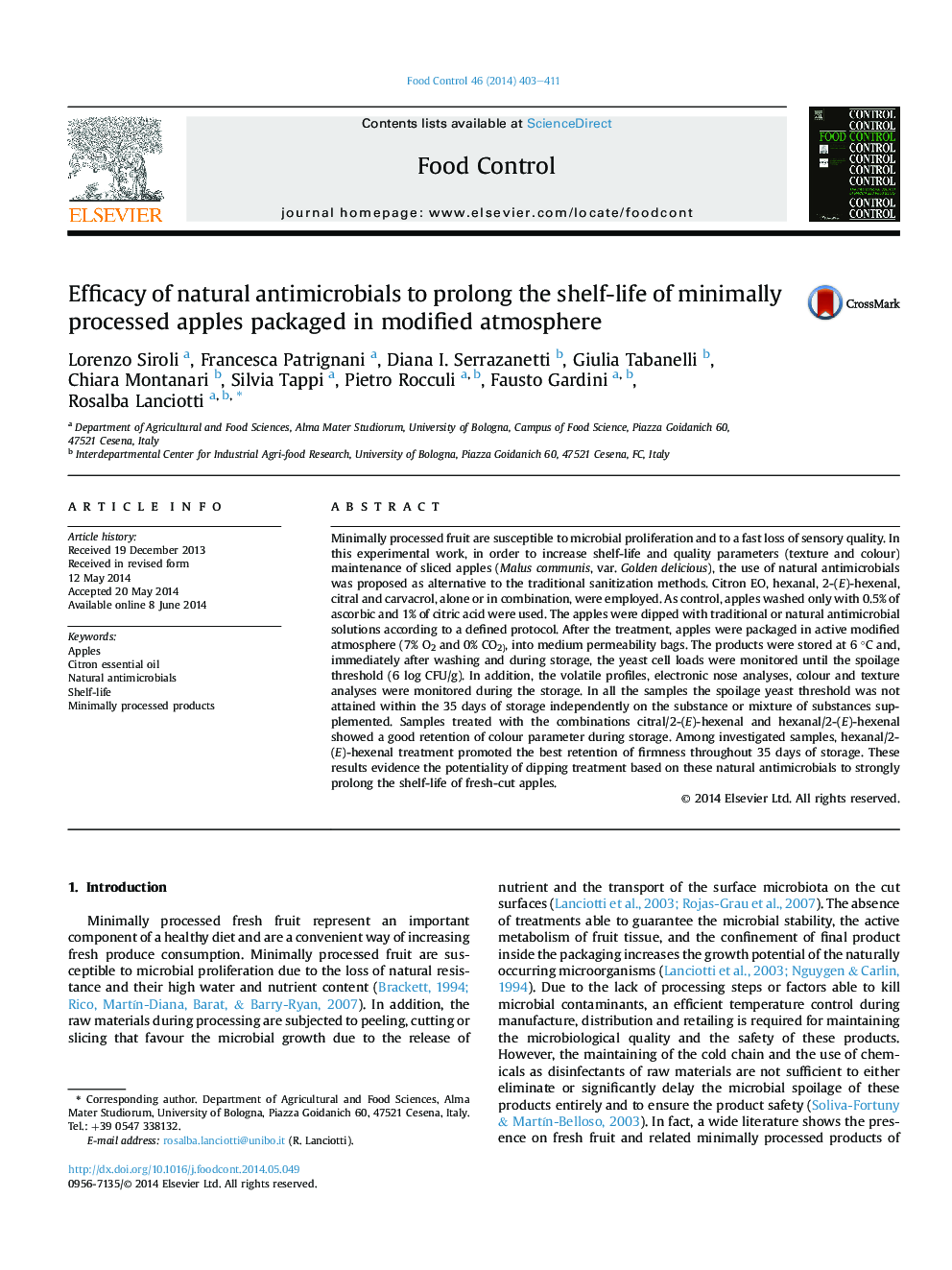 Efficacy of natural antimicrobials to prolong the shelf-life of minimally processed apples packaged in modified atmosphere