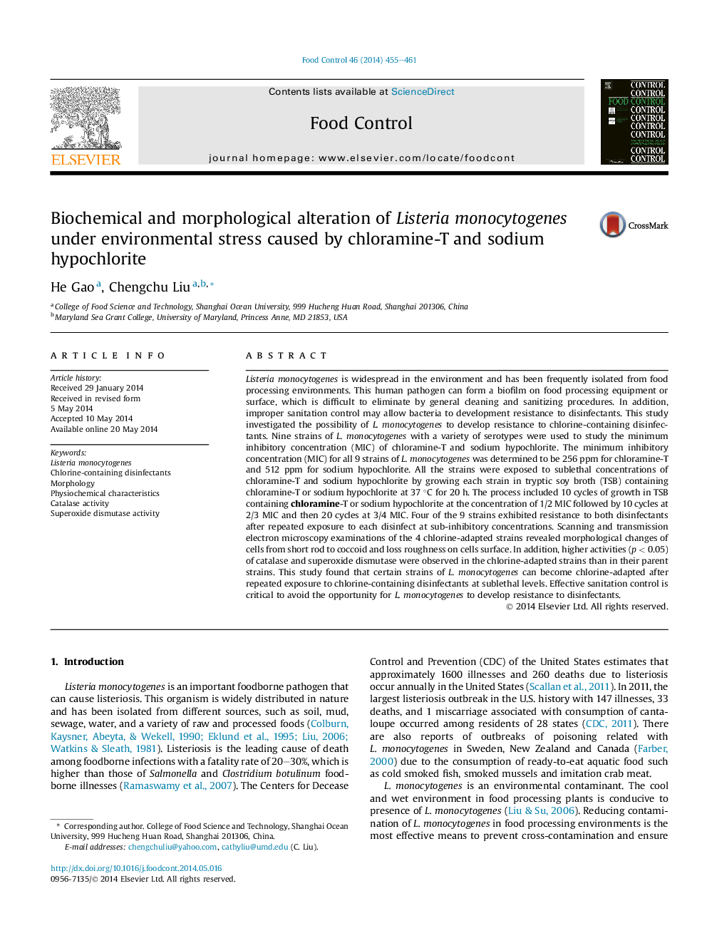 Biochemical and morphological alteration of Listeria monocytogenes under environmental stress caused by chloramine-T and sodium hypochlorite