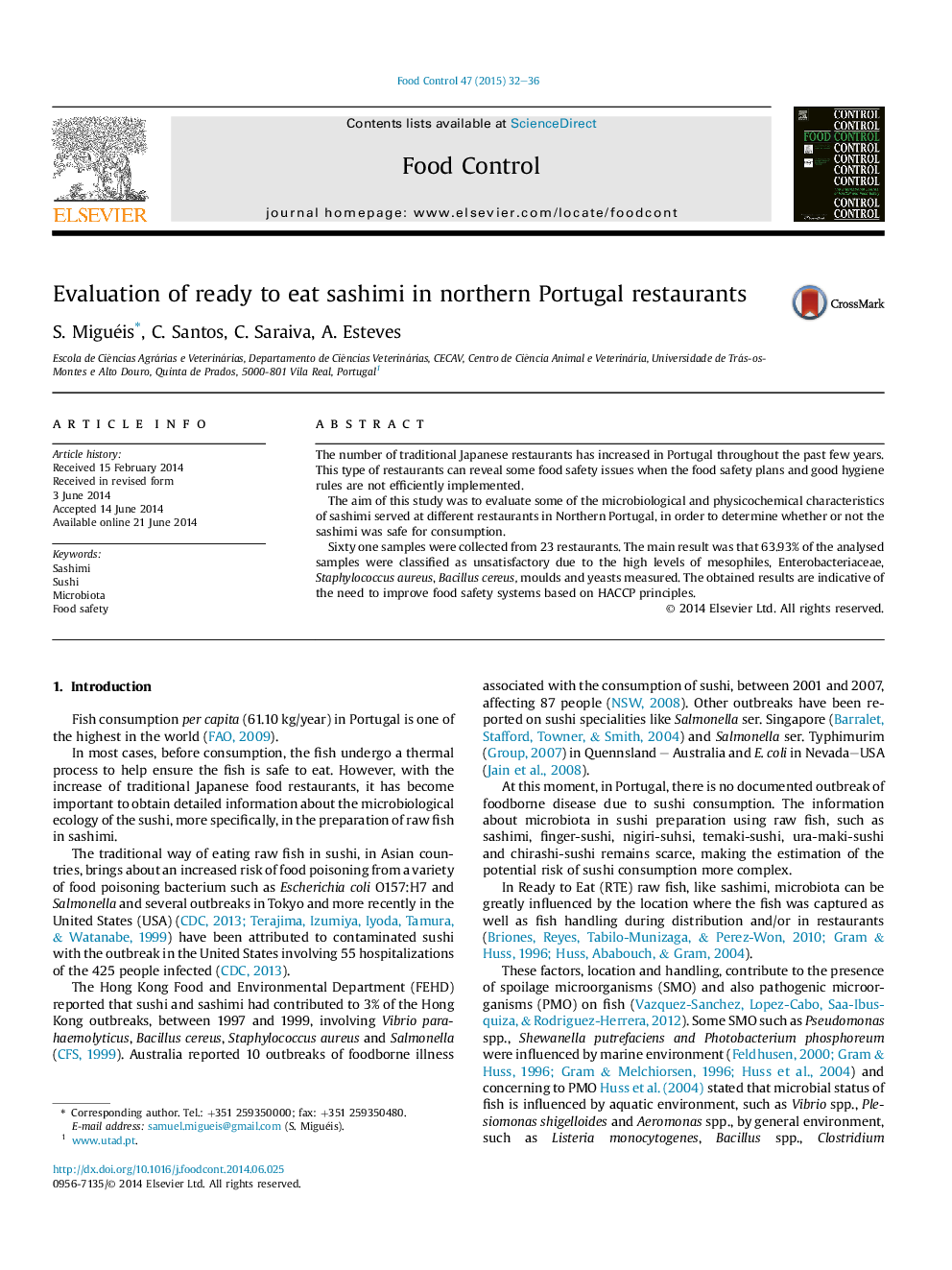 Evaluation of ready to eat sashimi in northern Portugal restaurants