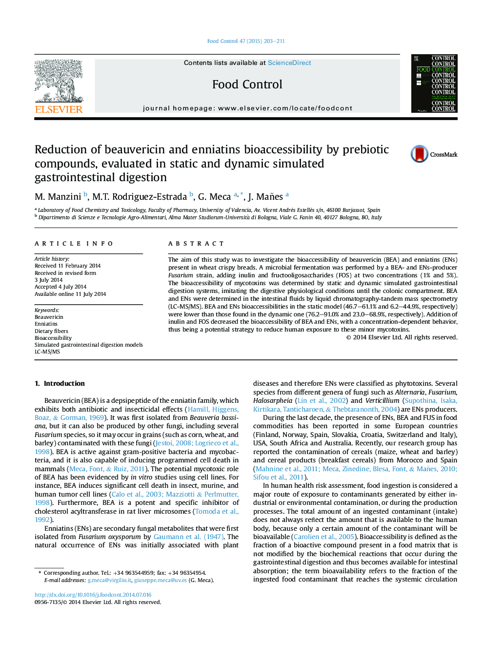 Reduction of beauvericin and enniatins bioaccessibility by prebiotic compounds, evaluated in static and dynamic simulated gastrointestinal digestion